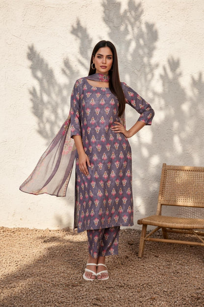 W for Woman Purple Floral Printed Straight Cotton Kurta with Pant and Dupatta Set