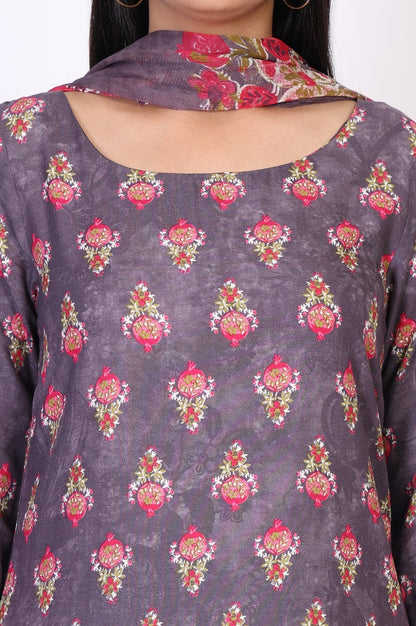 W for Woman Purple Floral Printed Straight Cotton Kurta with Pant and Dupatta Set