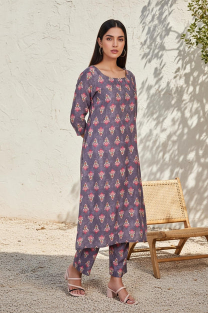 W for Woman Purple Floral Printed Straight Cotton Kurta with Pant and Dupatta Set