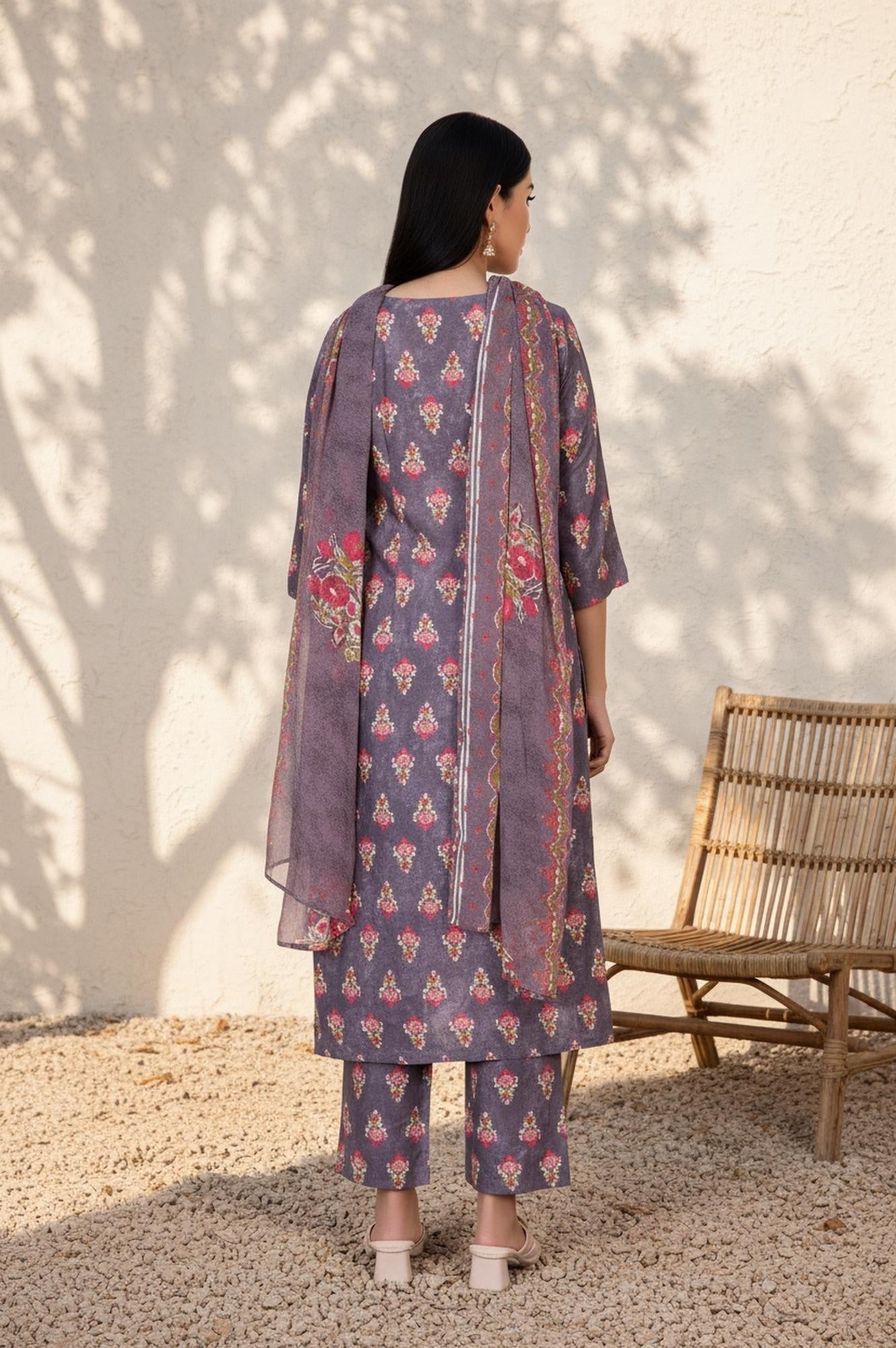 W for Woman Purple Floral Printed Straight Cotton Kurta with Pant and Dupatta Set