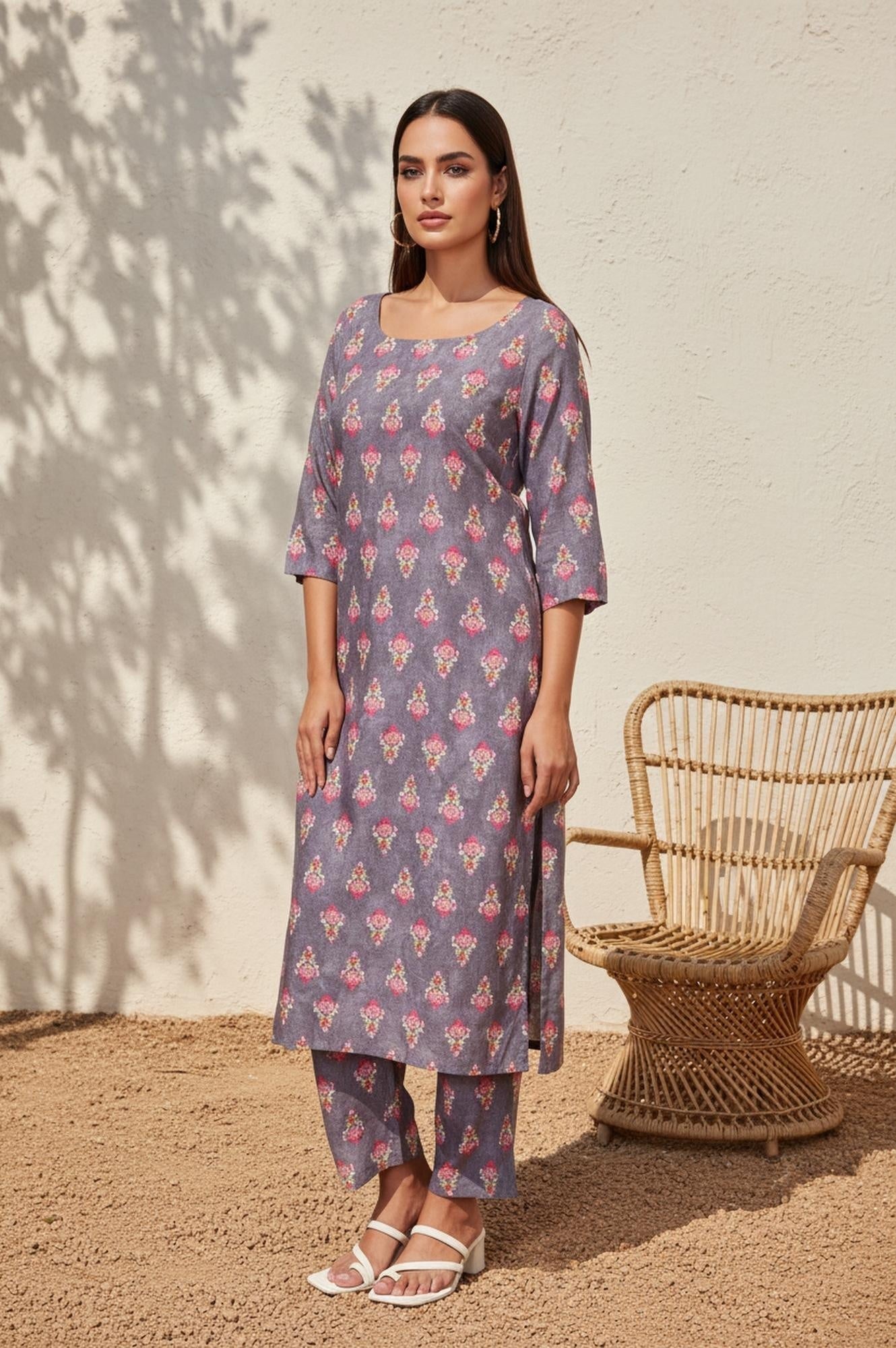 W for Woman Purple Floral Printed Straight Cotton Kurta with Pant and Dupatta Set