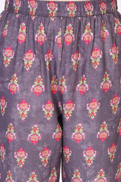 W for Woman Purple Floral Printed Straight Cotton Kurta with Pant and Dupatta Set