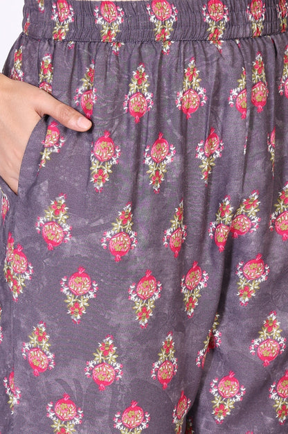 W for Woman Purple Floral Printed Straight Cotton Kurta with Pant and Dupatta Set