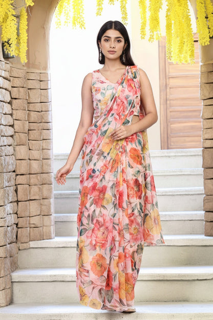 W for Woman Multicolour Floral Printed Pre-Draped Georgette Saree with Blouse