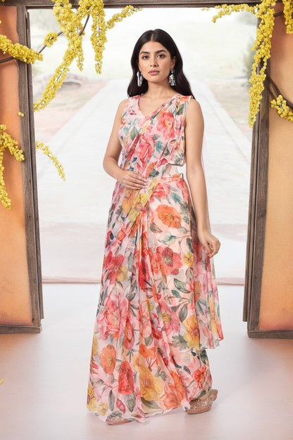 W for Woman Multicolour Floral Printed Pre-Draped Georgette Saree with Blouse
