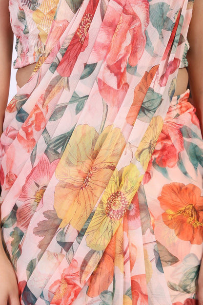 W for Woman Multicolour Floral Printed Pre-Draped Georgette Saree with Blouse