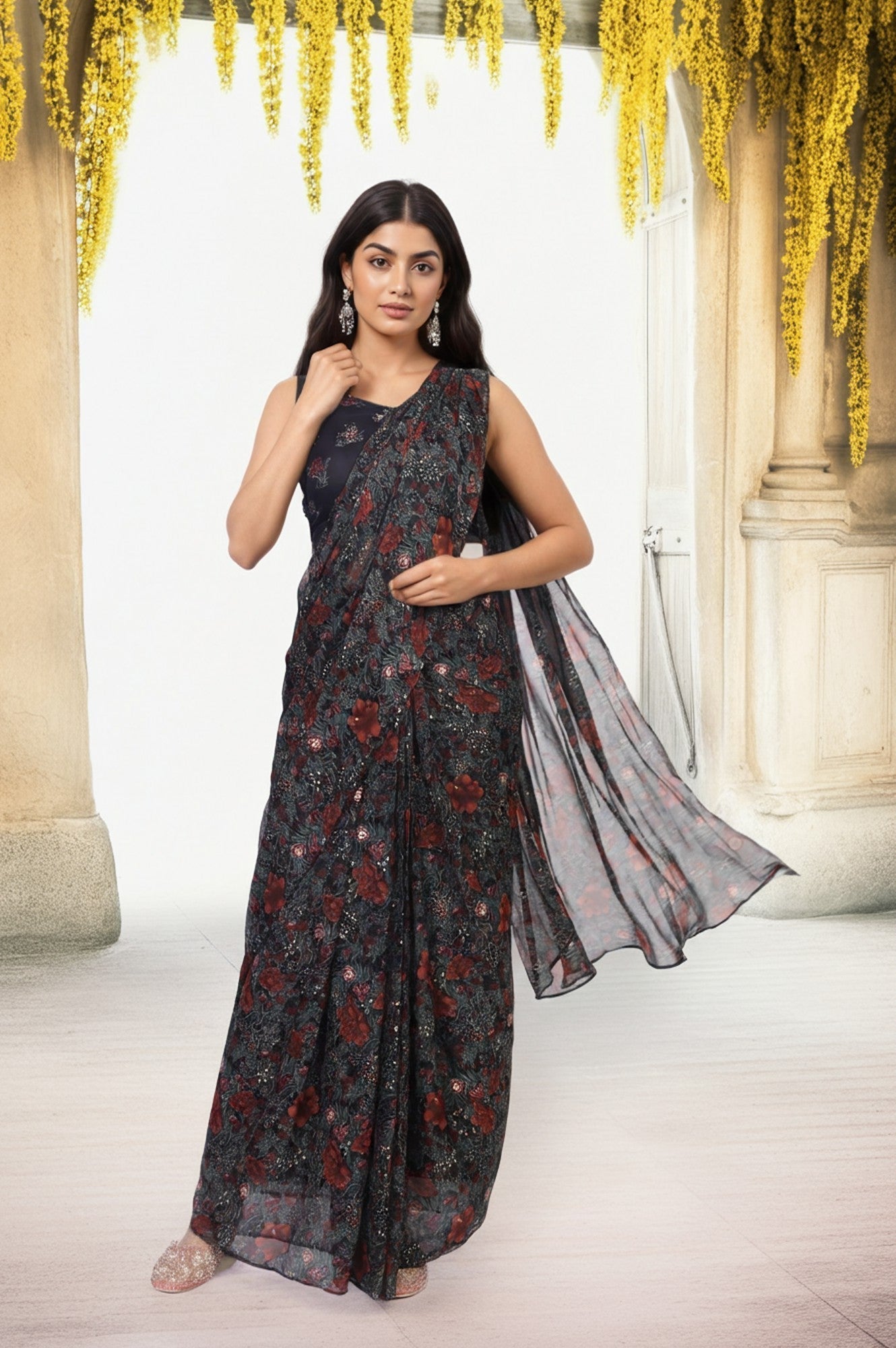 W for Woman Black Floral Printed Sequined Pre-draped Georgette Saree with Blouse