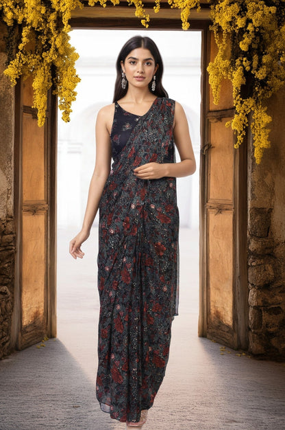 W for Woman Black Floral Printed Sequined Pre-draped Georgette Saree with Blouse