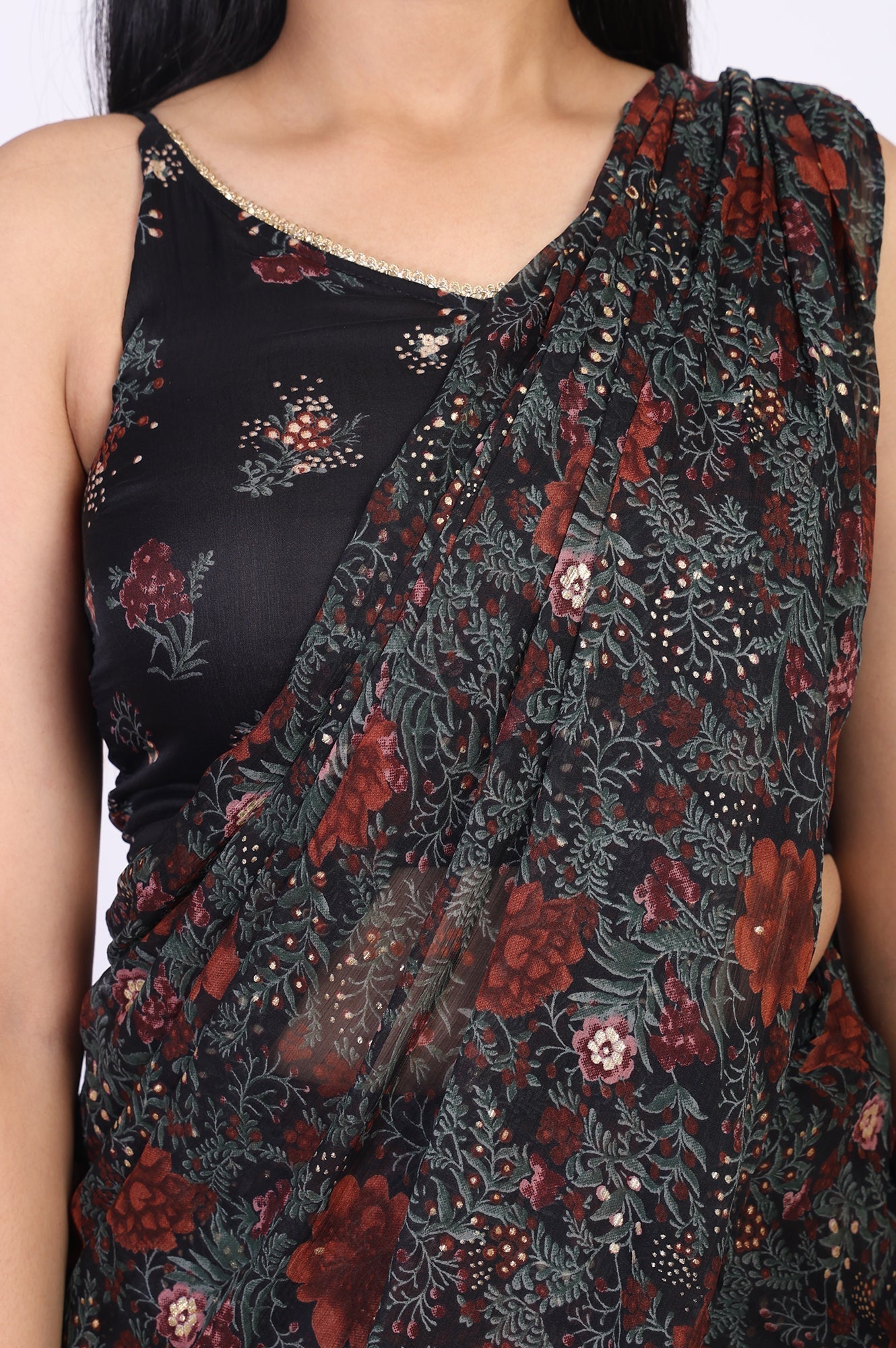 W for Woman Black Floral Printed Sequined Pre-draped Georgette Saree with Blouse