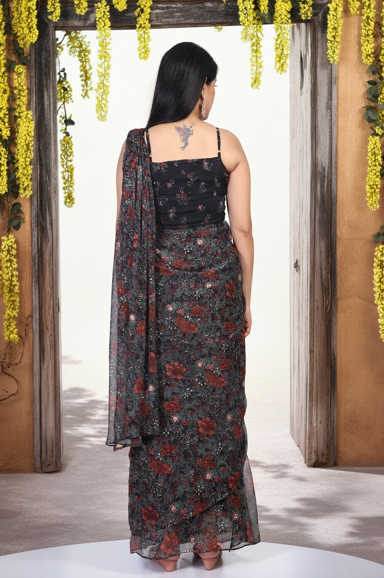 W for Woman Black Floral Printed Sequined Pre-draped Georgette Saree with Blouse