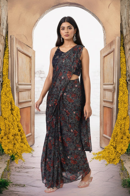 W for Woman Black Floral Printed Sequined Pre-draped Georgette Saree with Blouse