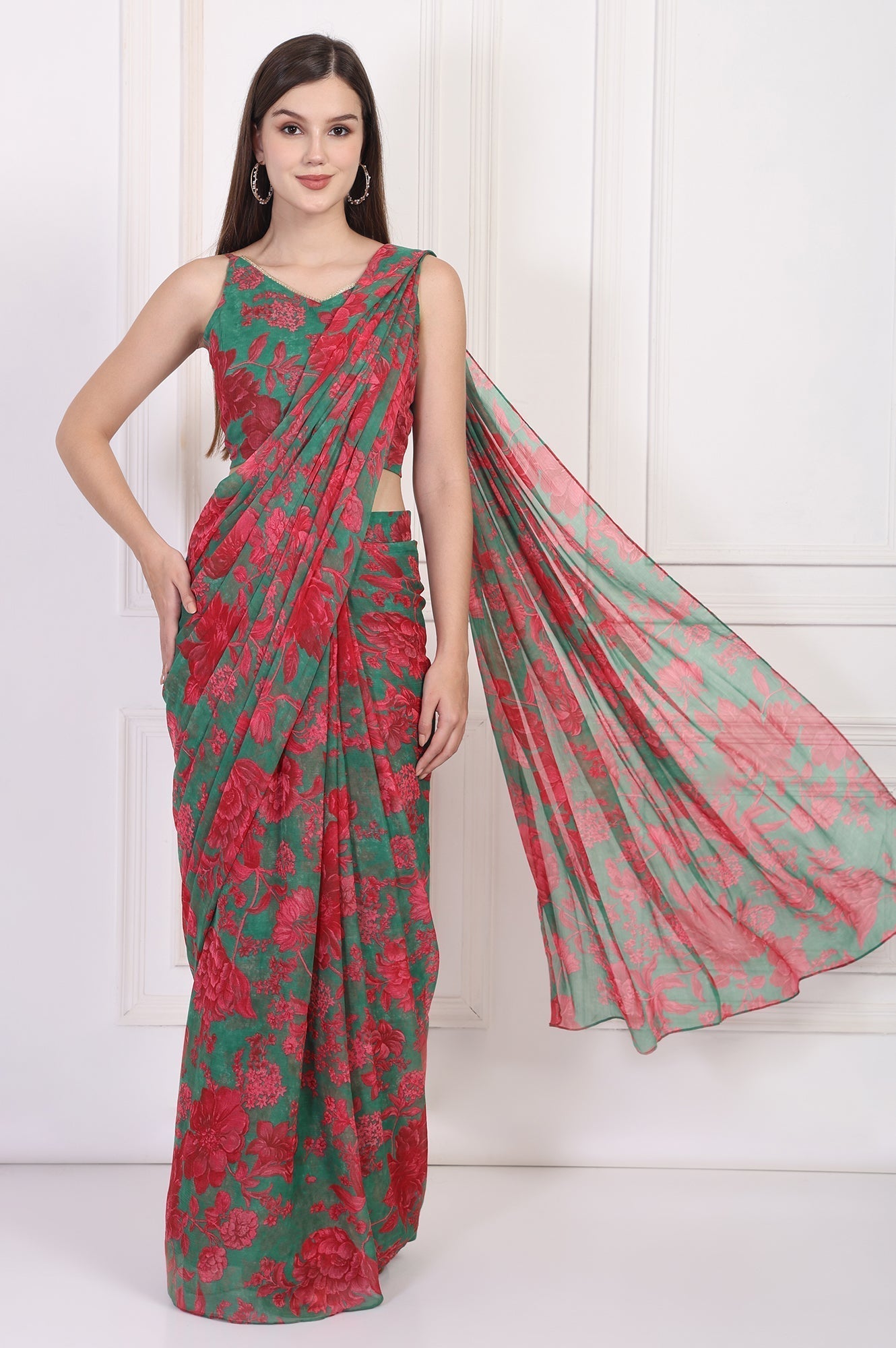 W for Woman Green Floral Printed Pre-Draped Georgette Saree with Blouse
