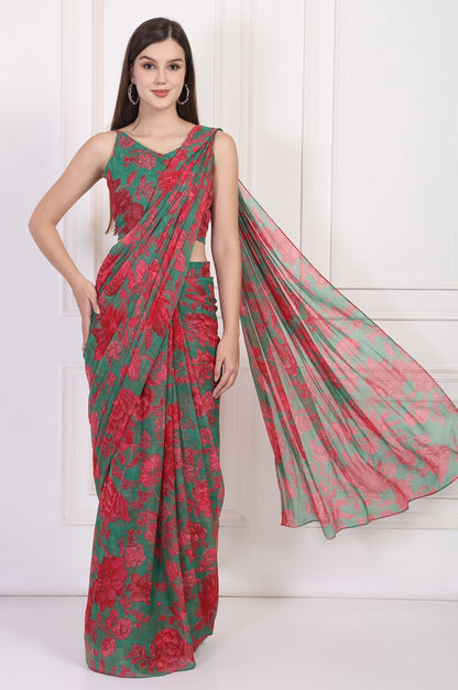 W for Woman Green Floral Printed Pre-Draped Georgette Saree with Blouse