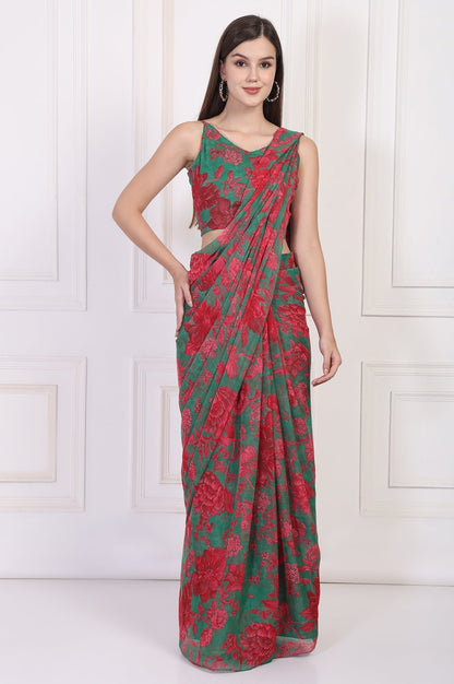 W for Woman Green Floral Printed Pre-Draped Georgette Saree with Blouse