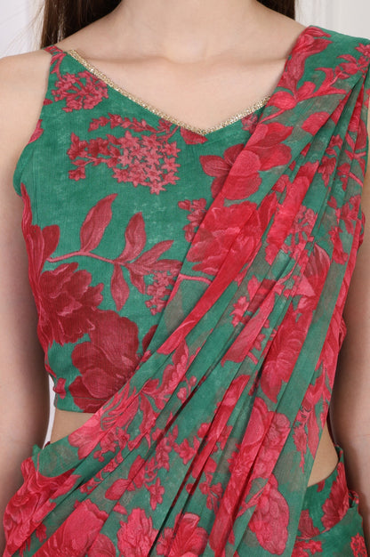 W for Woman Green Floral Printed Pre-Draped Georgette Saree with Blouse