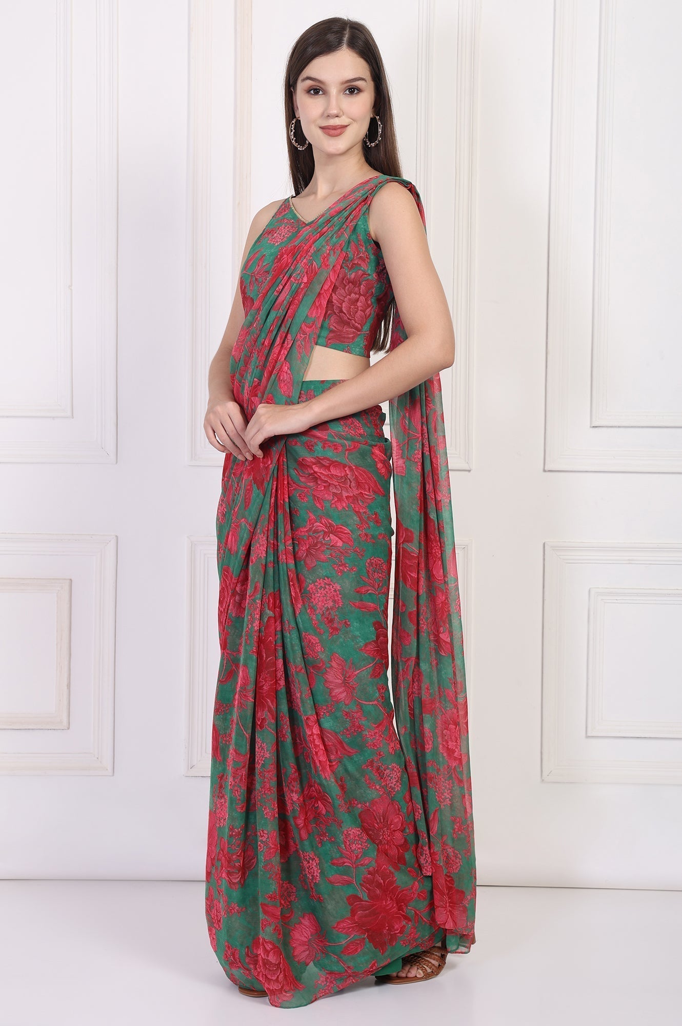 W for Woman Green Floral Printed Pre-Draped Georgette Saree with Blouse