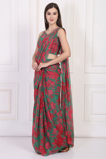 W for Woman Green Floral Printed Pre-Draped Georgette Saree with Blouse