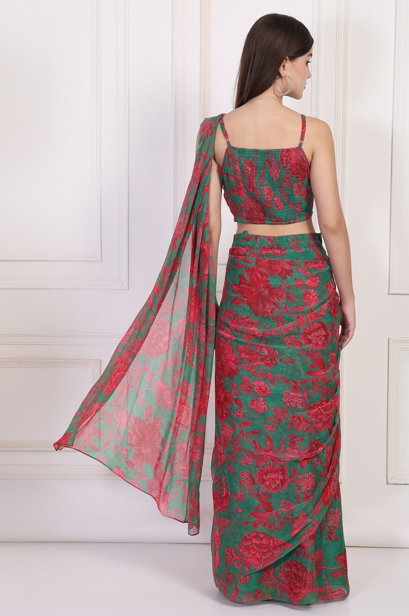 W for Woman Green Floral Printed Pre-Draped Georgette Saree with Blouse