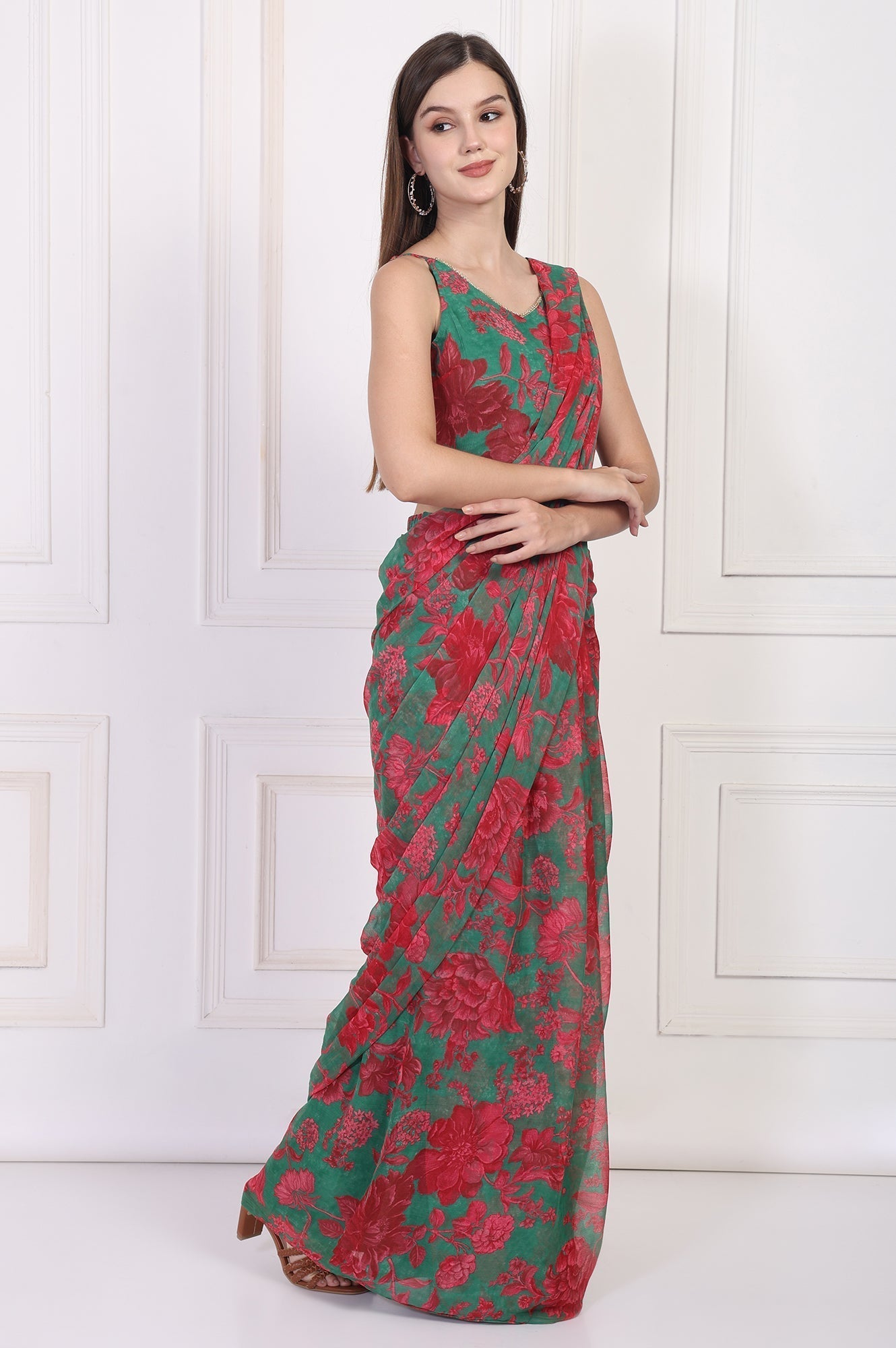 W for Woman Green Floral Printed Pre-Draped Georgette Saree with Blouse