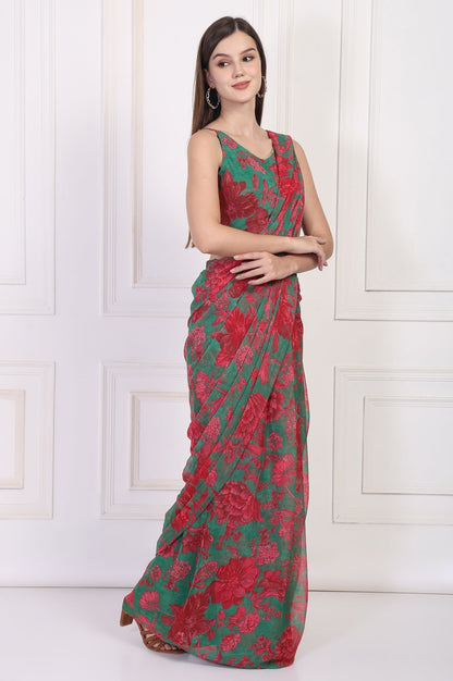 W for Woman Green Floral Printed Pre-Draped Georgette Saree with Blouse