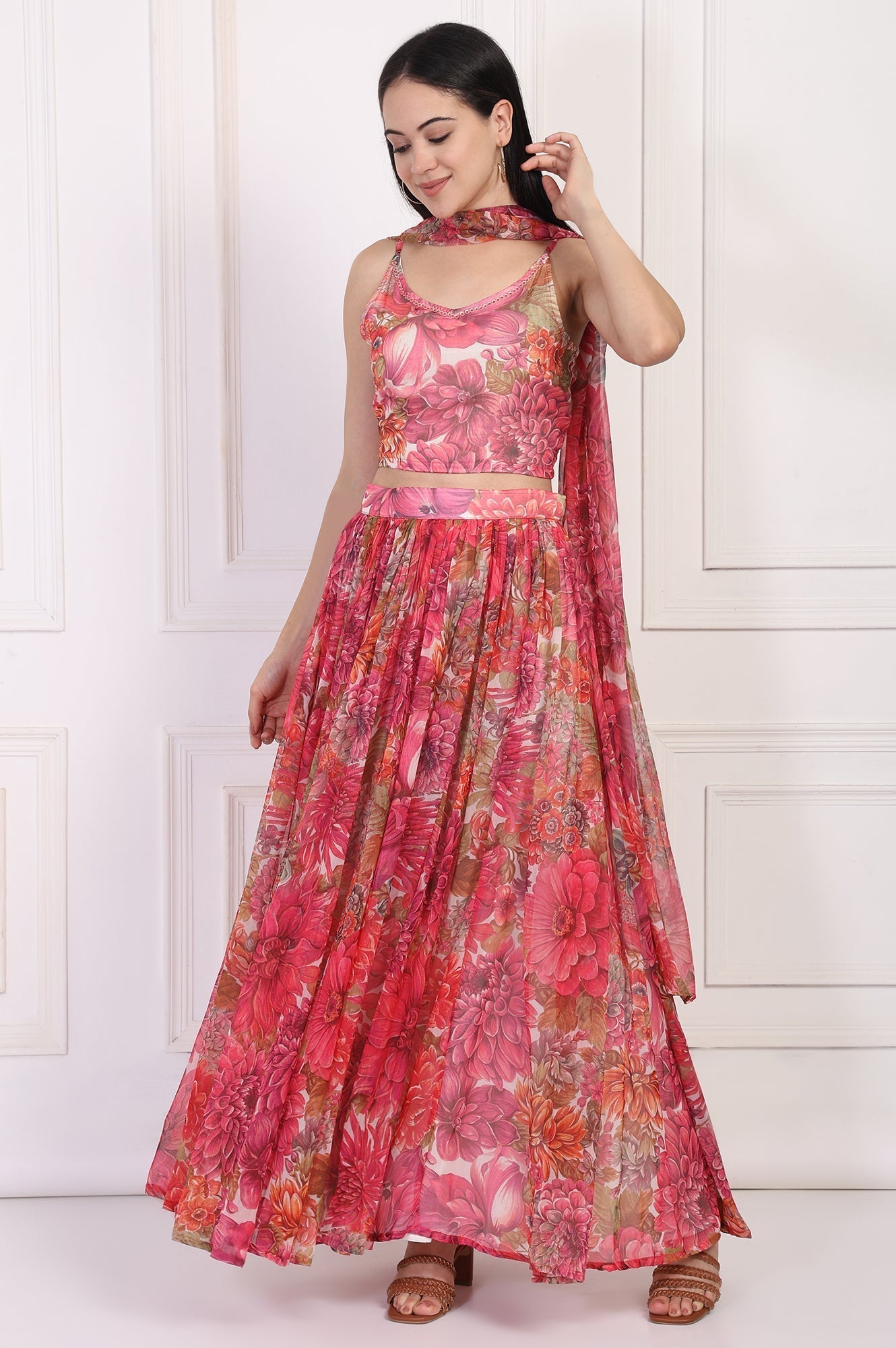 W for Woman Pink Bold Floral Printed Embellished Georgette Spaghetti Crop Top with Flared Skirt and Dupatta Set