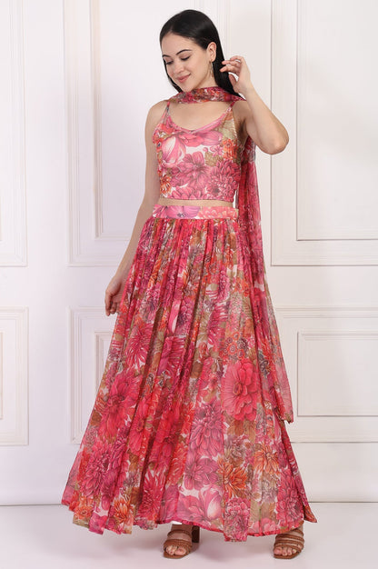 W for Woman Pink Bold Floral Printed Embellished Georgette Spaghetti Crop Top with Flared Skirt and Dupatta Set