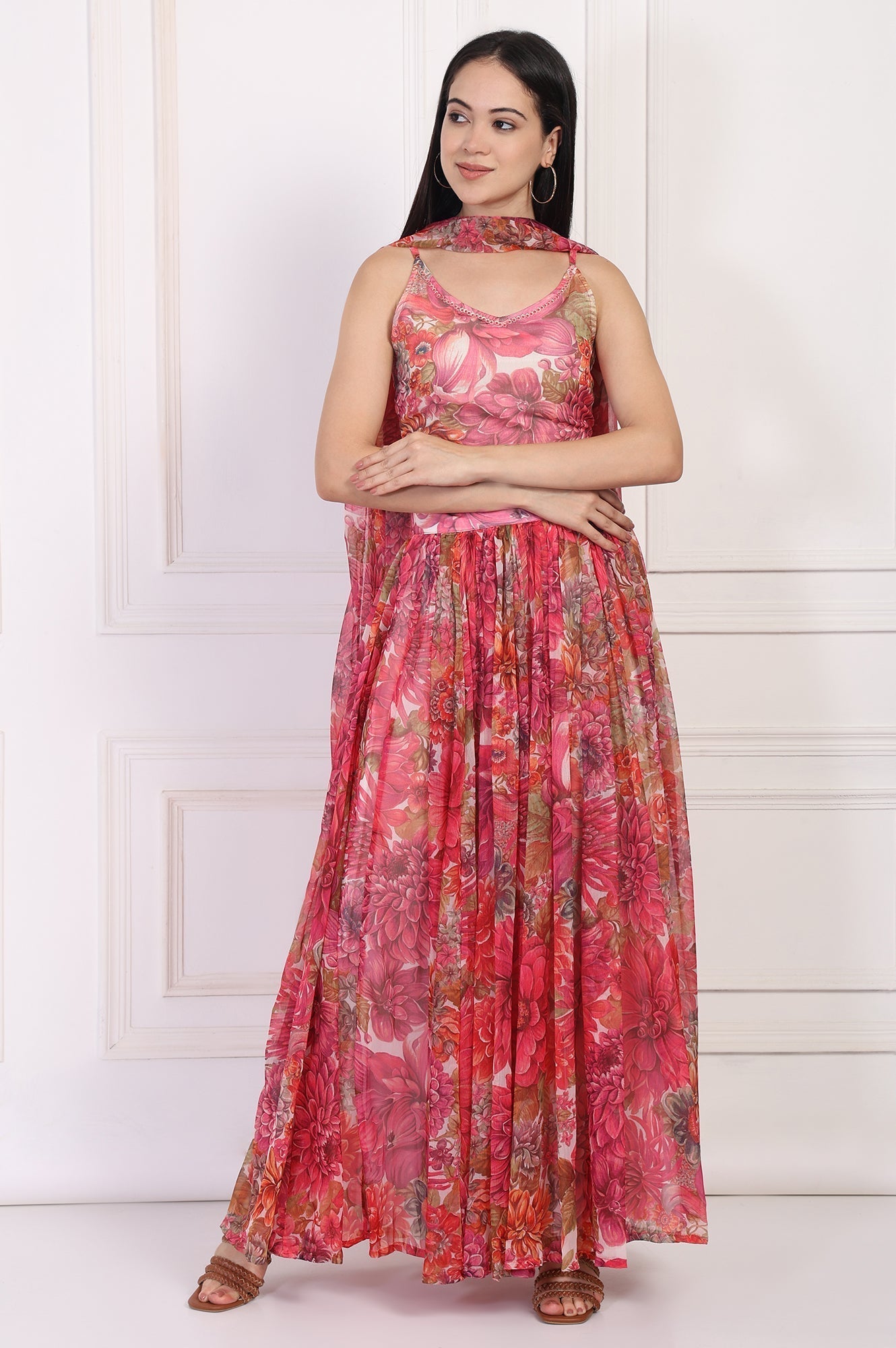 W for Woman Pink Bold Floral Printed Embellished Georgette Spaghetti Crop Top with Flared Skirt and Dupatta Set