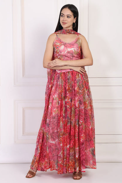 W for Woman Pink Bold Floral Printed Embellished Georgette Spaghetti Crop Top with Flared Skirt and Dupatta Set
