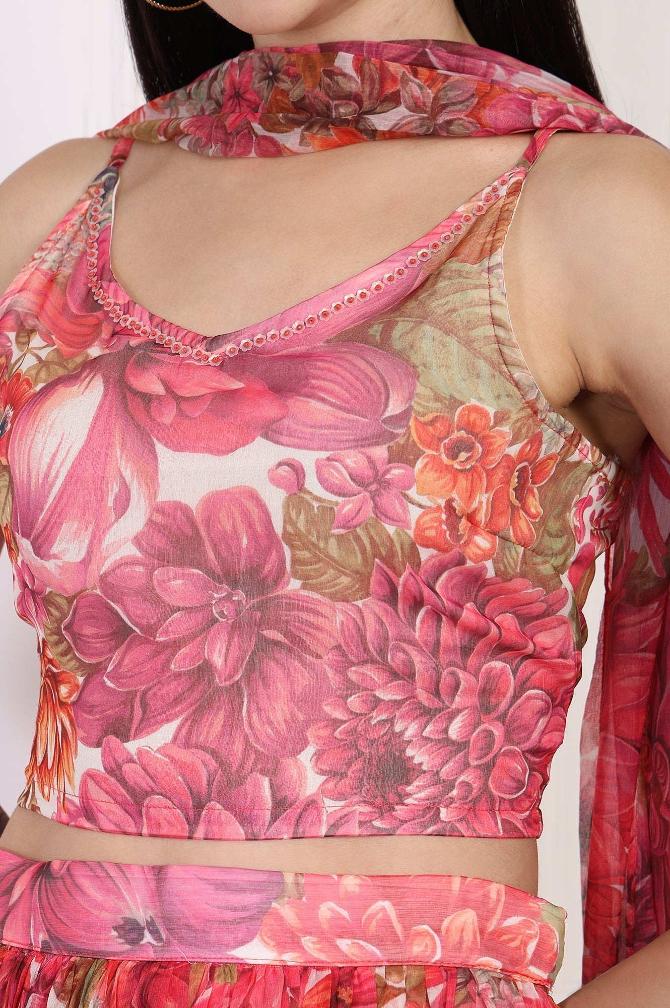 W for Woman Pink Bold Floral Printed Embellished Georgette Spaghetti Crop Top with Flared Skirt and Dupatta Set