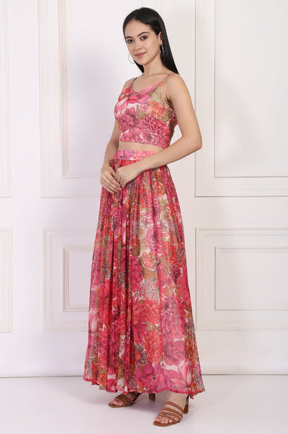 W for Woman Pink Bold Floral Printed Embellished Georgette Spaghetti Crop Top with Flared Skirt and Dupatta Set