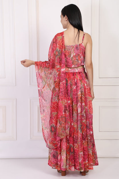 W for Woman Pink Bold Floral Printed Embellished Georgette Spaghetti Crop Top with Flared Skirt and Dupatta Set