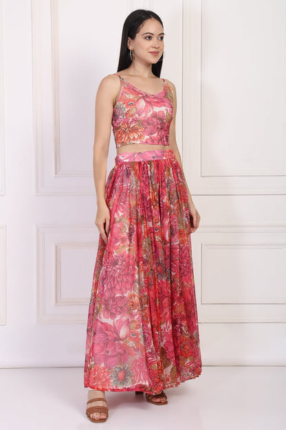 W for Woman Pink Bold Floral Printed Embellished Georgette Spaghetti Crop Top with Flared Skirt and Dupatta Set