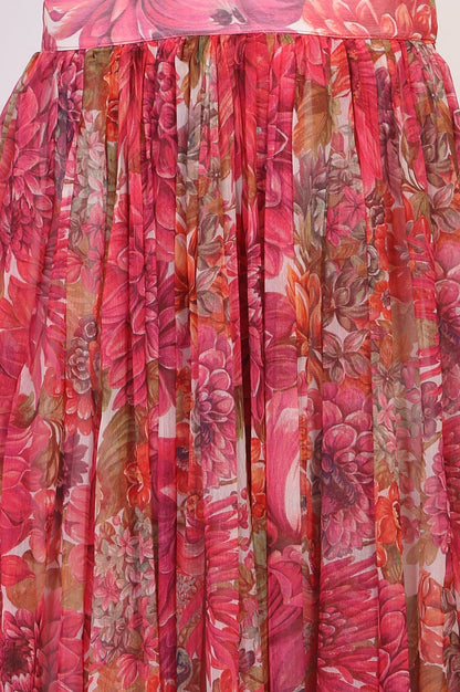 W for Woman Pink Bold Floral Printed Embellished Georgette Spaghetti Crop Top with Flared Skirt and Dupatta Set