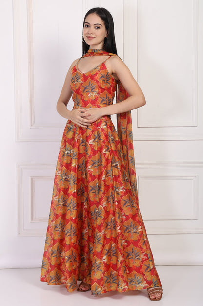 W for Woman Red Floral Printed Crepe Crop Top with Skirt and Dupatta Set