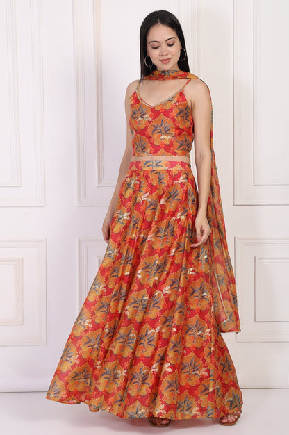 W for Woman Red Floral Printed Crepe Crop Top with Skirt and Dupatta Set