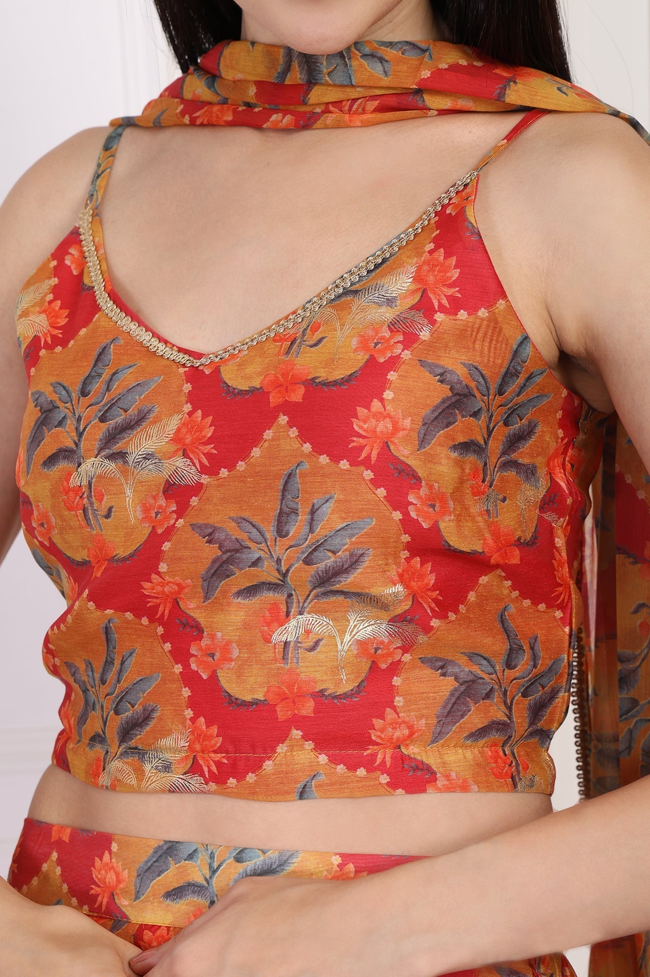 W for Woman Red Floral Printed Crepe Crop Top with Skirt and Dupatta Set