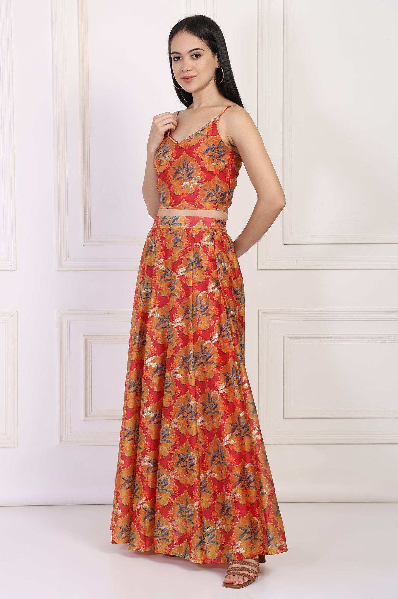 W for Woman Red Floral Printed Crepe Crop Top with Skirt and Dupatta Set