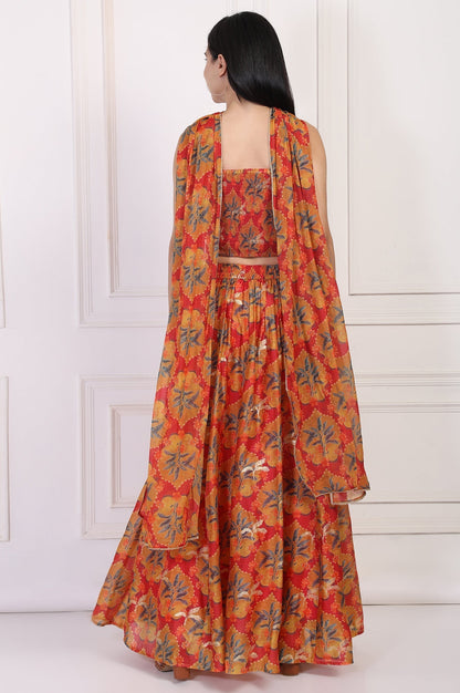 W for Woman Red Floral Printed Crepe Crop Top with Skirt and Dupatta Set