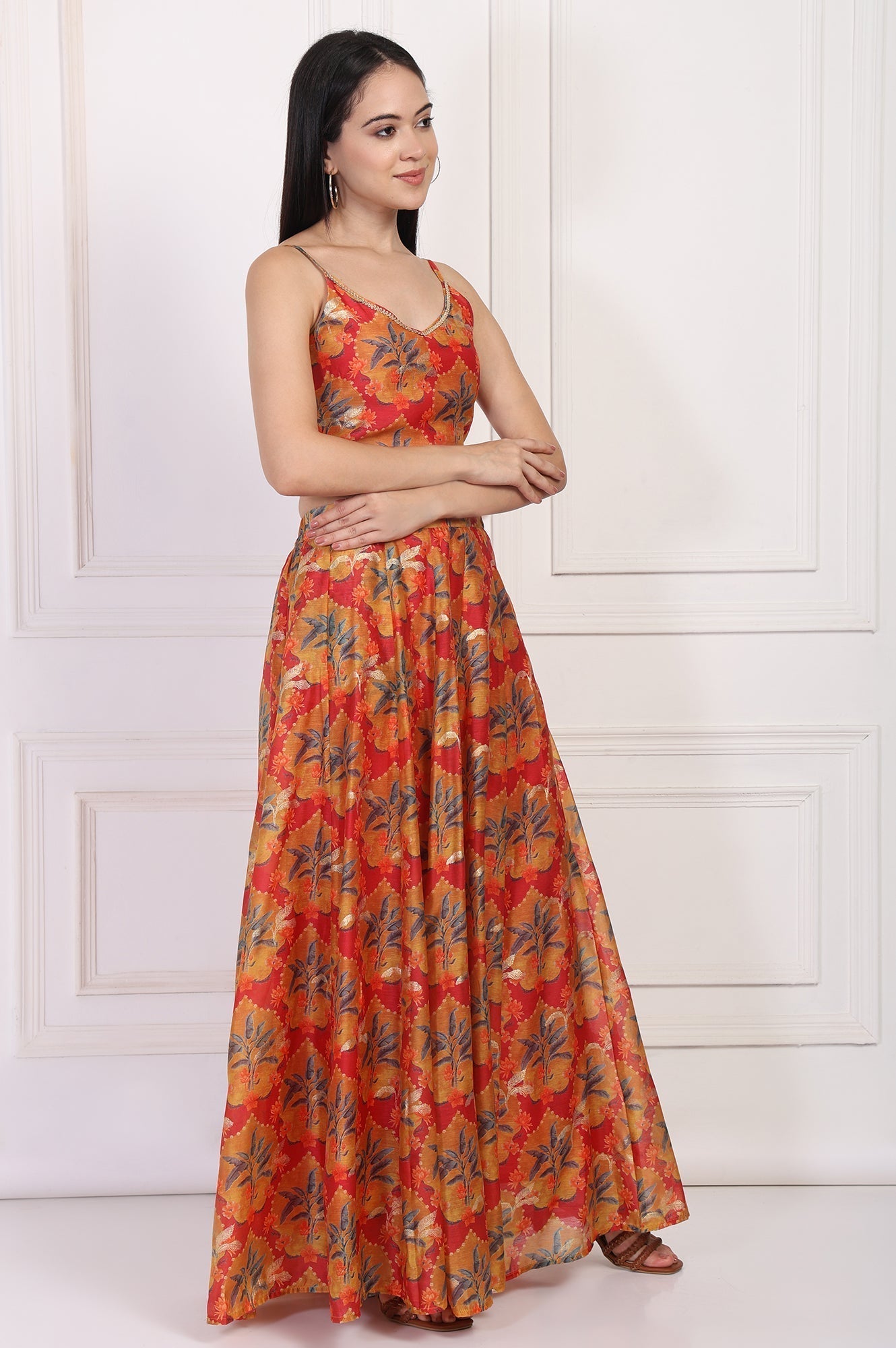 W for Woman Red Floral Printed Crepe Crop Top with Skirt and Dupatta Set