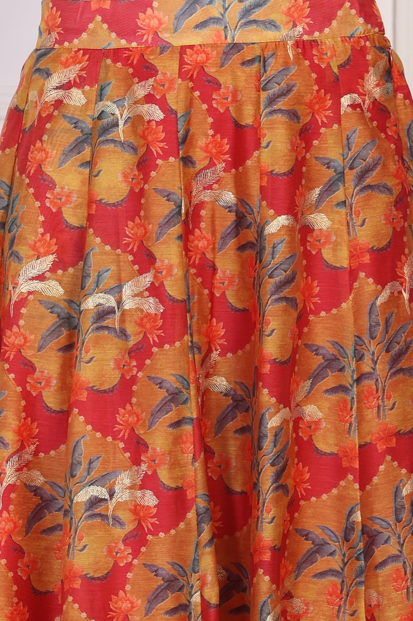 W for Woman Red Floral Printed Crepe Crop Top with Skirt and Dupatta Set