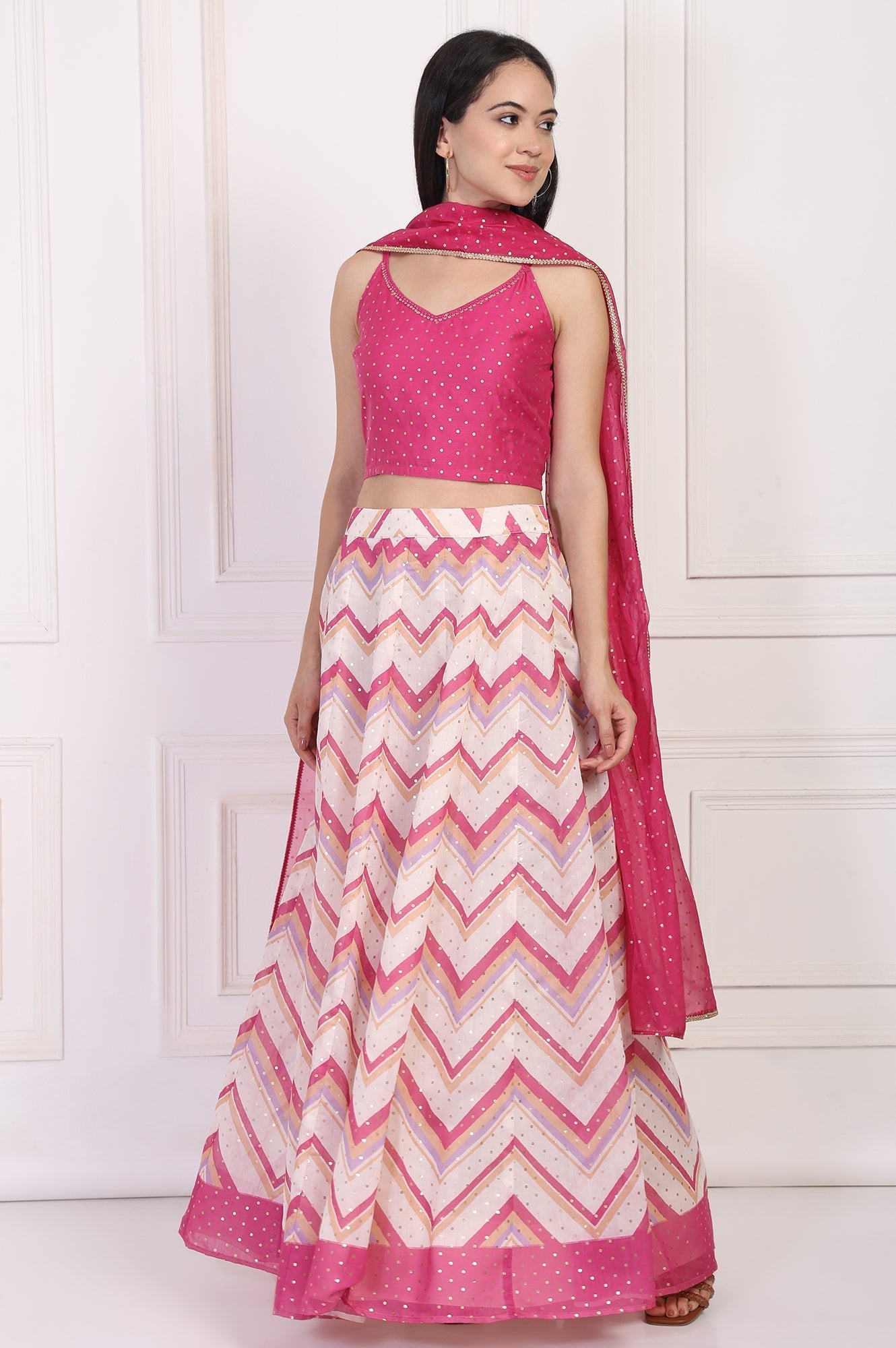 W for Woman Pink Foil Printed Sequined Flared Crop Top with Skirt and Dupatta Set