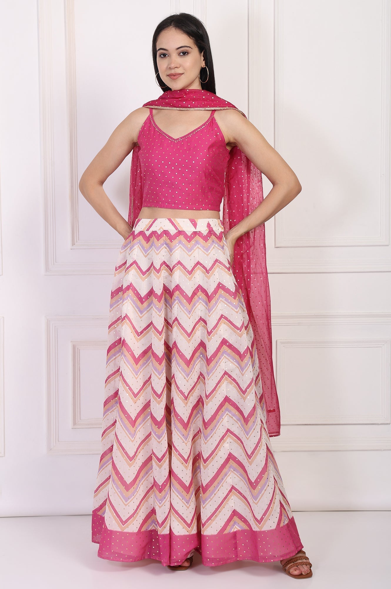 W for Woman Pink Foil Printed Sequined Flared Crop Top with Skirt and Dupatta Set