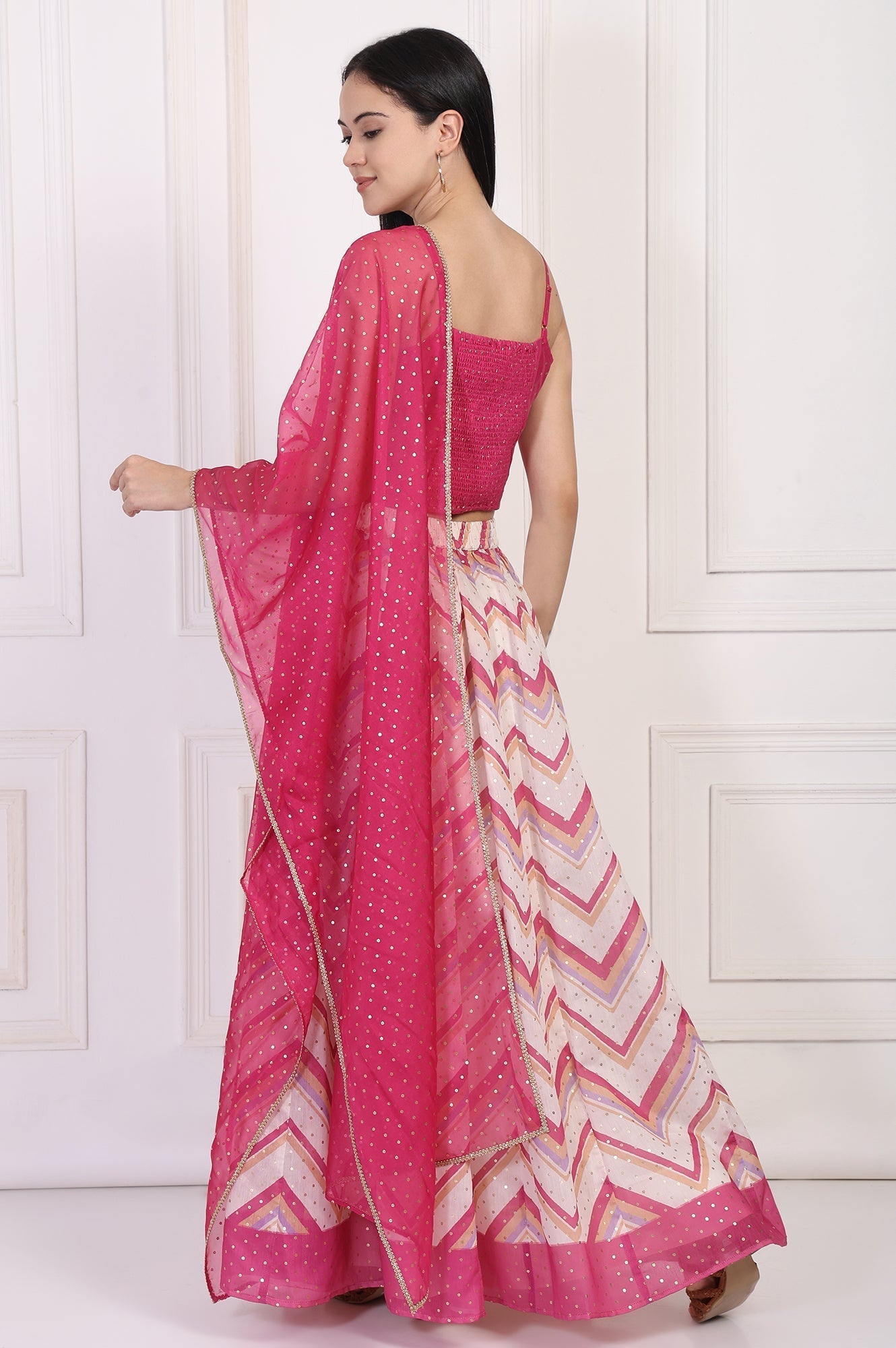 W for Woman Pink Foil Printed Sequined Flared Crop Top with Skirt and Dupatta Set