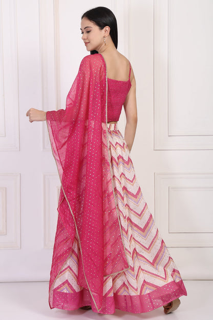 W for Woman Pink Foil Printed Sequined Flared Crop Top with Skirt and Dupatta Set
