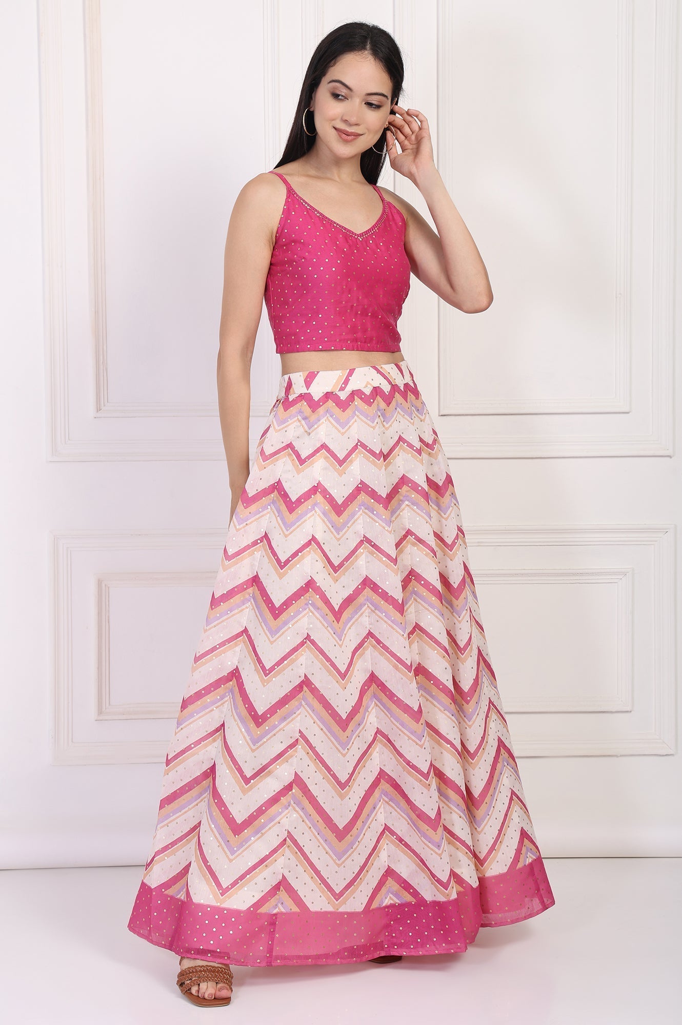 W for Woman Pink Foil Printed Sequined Flared Crop Top with Skirt and Dupatta Set