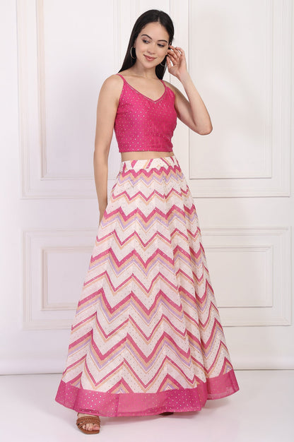 W for Woman Pink Foil Printed Sequined Flared Crop Top with Skirt and Dupatta Set