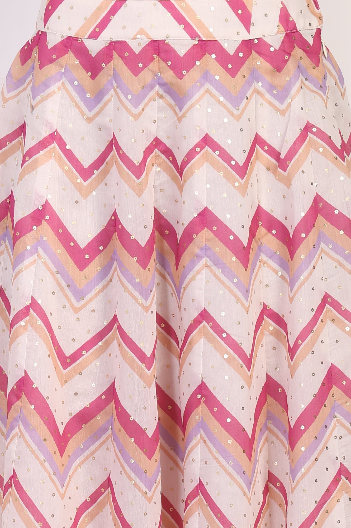W for Woman Pink Foil Printed Sequined Flared Crop Top with Skirt and Dupatta Set