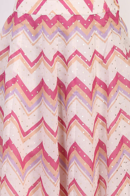 W for Woman Pink Foil Printed Sequined Flared Crop Top with Skirt and Dupatta Set