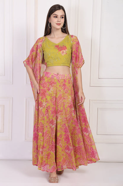 W for Woman Lime Green Embroidered Crop Top with Culottes and Dupatta Set