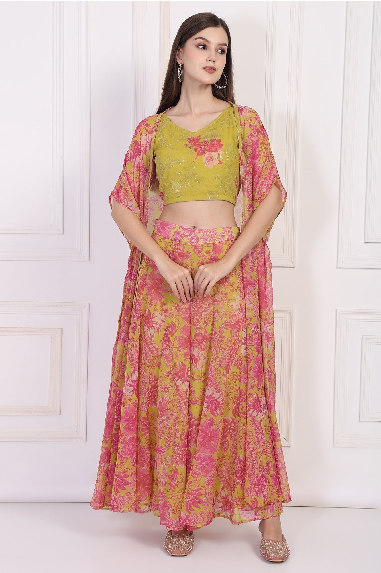 W for Woman Lime Green Embroidered Crop Top with Culottes and Dupatta Set